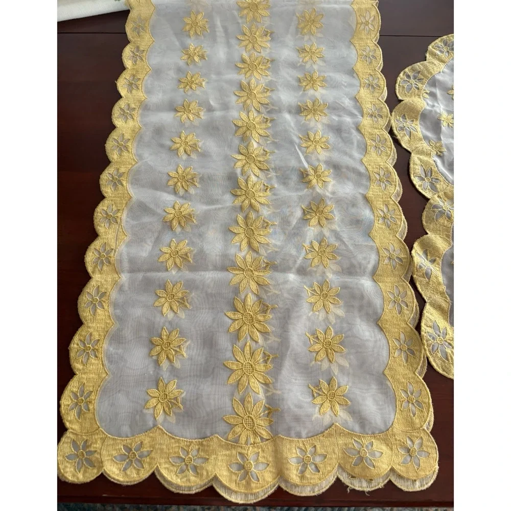 VTG Dresser Vanity Scarf Set (3) Cottage Core Shabby Chic Golden Yellow Flowers